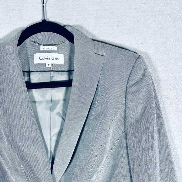 Calvin Klein Skirt Suit Womens 8 Gray Wool Blend 2 Piece Blazer Ruffle Pencil - Picture 4 of 16